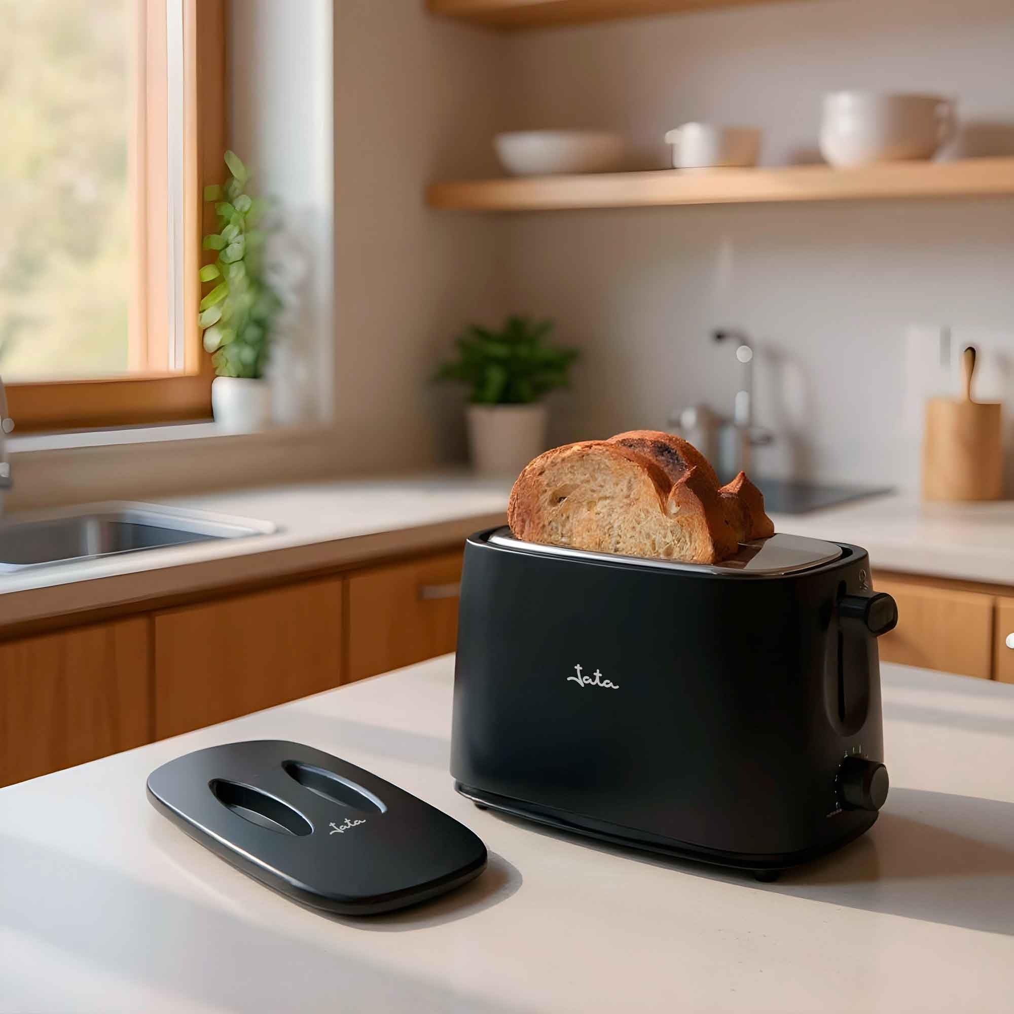 Jata TT631 Tostapane nero con cappuccio protettivo e due fessure extra larghe, con interruttore elettronico roast, 6 posizioni, corpo freddo, raccoglibriciole, nero
