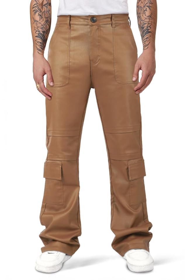 GINGTTO Mens Leather Pants Bell Bottoms Faux Cargo Pants for Men with Side Pockets