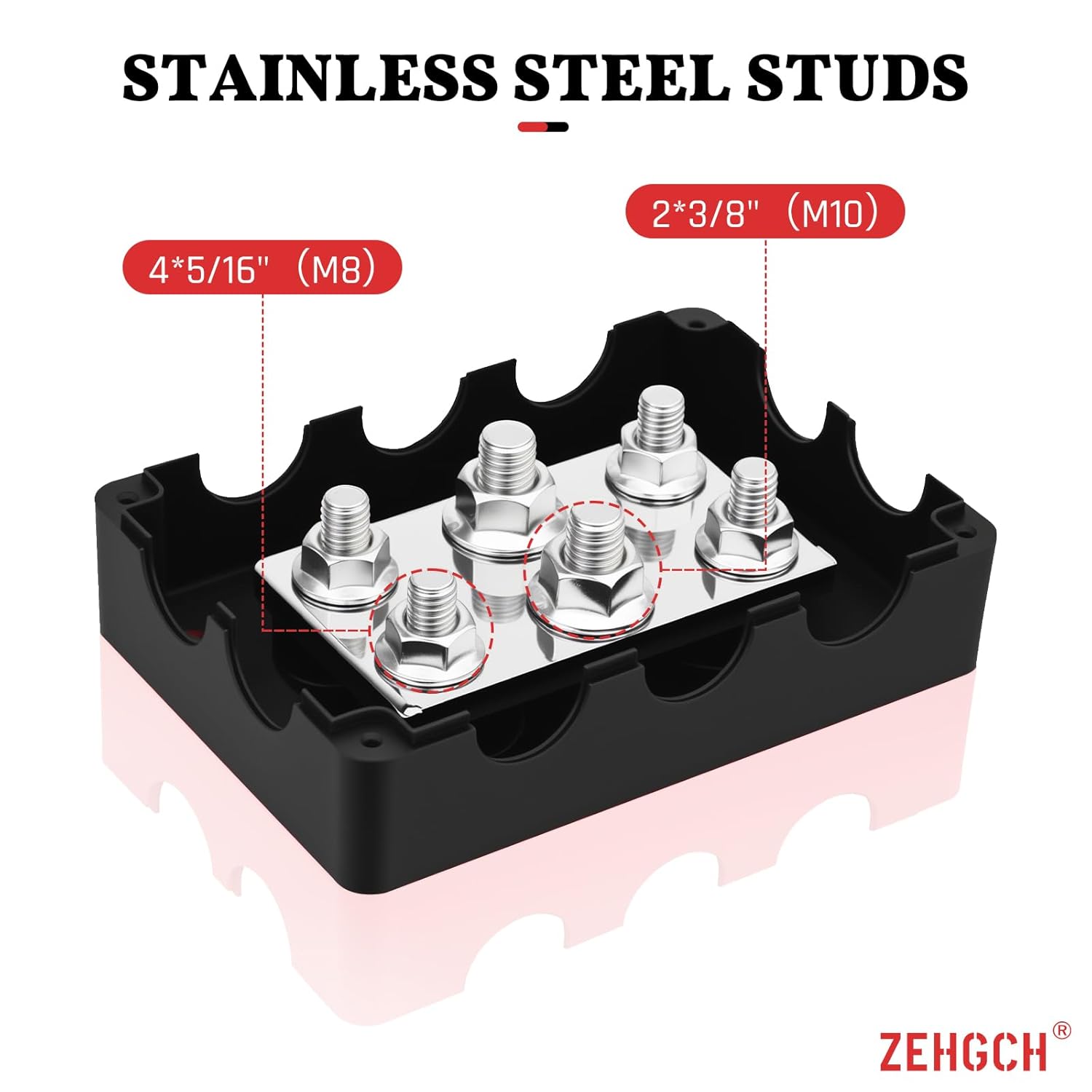 500A Bus Bar - ZEHGCH Weather Proof Power Distribution Block with 4 * 5/16"(M8)+2 * 3/8"(M10) Studs 48V DC - Heavy Duty Automotive Marine Battery Terminal Blocks with Cover - Negative&Positive