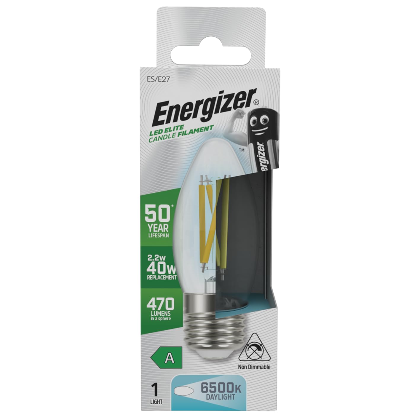 Energizer A Rated LED Elite Candle E27 Filament 470lm 2.2W 6500K - Daylight Light Bulb