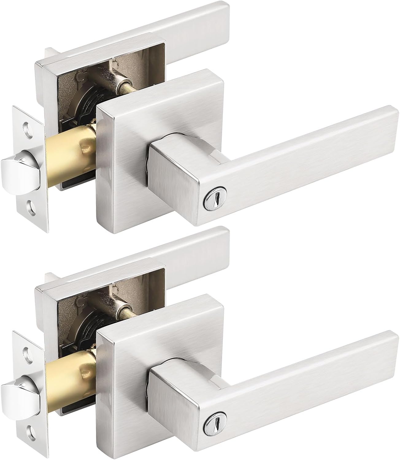 Gobrico 2 Pack Square Door Levers, Bedroom/Bathroom Door Knobs, Privacy Door Locks Interior Door Handles, Satin Nickel Finished,Heavey Duty