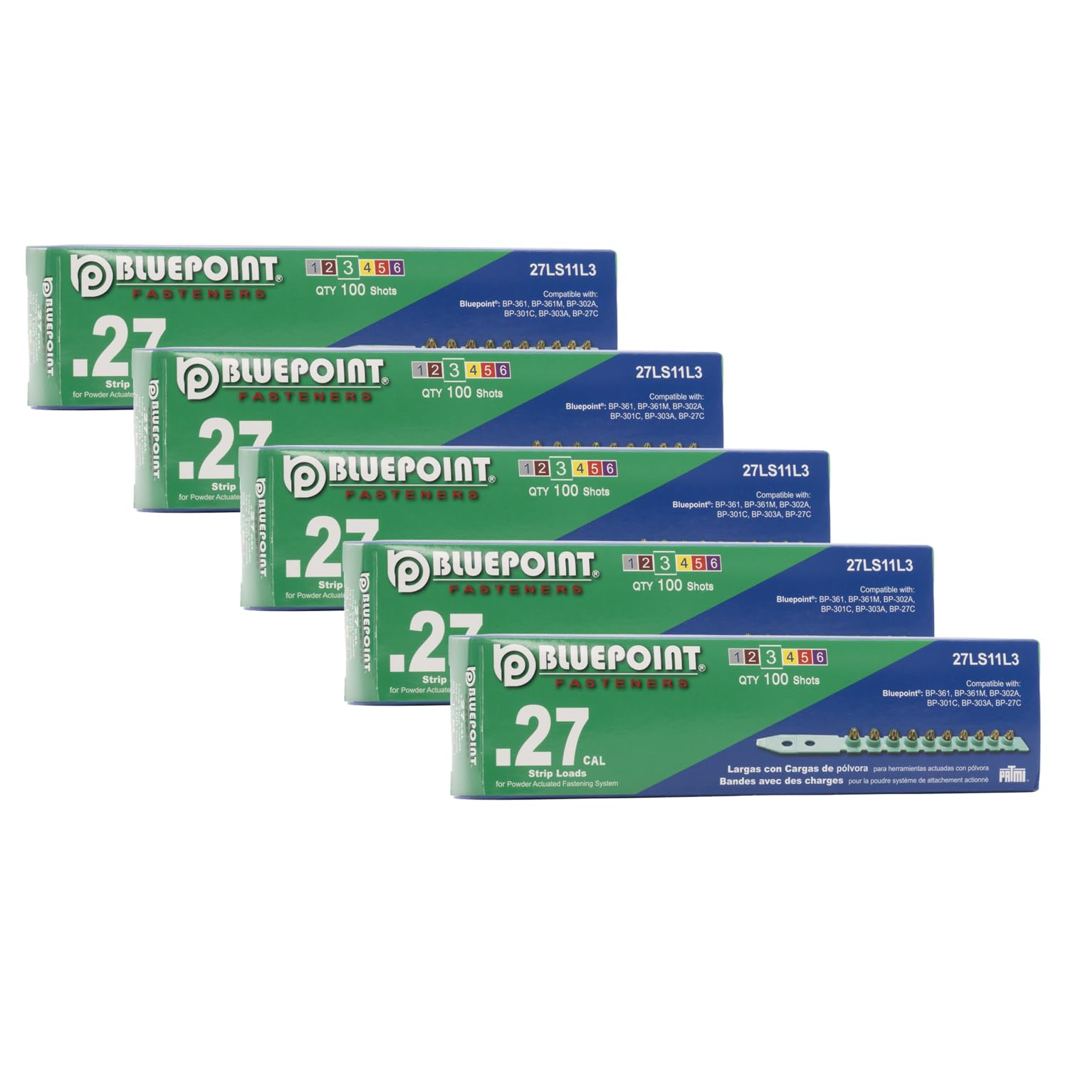 BLUEPOINT .27 Caliber Green Strip Powder Loads for Power Actuated Fastening System (500 Count). Item# 27LS11L3. Ideal for Reliable Fastening Applications. 5-Pack Save $10