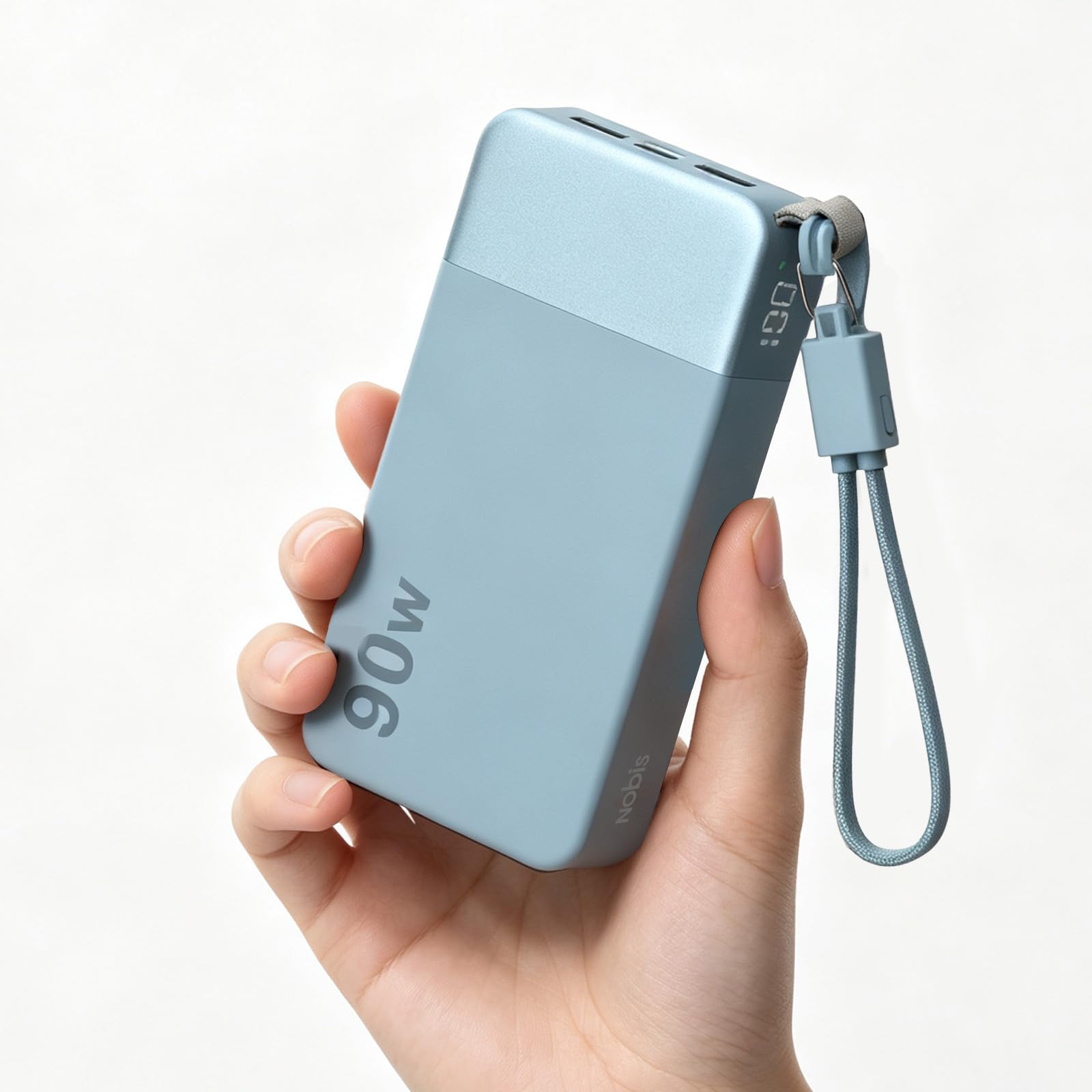 NOBIS Power Bank 90W 20000mAh, cavo USB-C rimovibile per MacBook Pad Phone | 2 USB-C (In/Out), 2 USB-A, Display Digitale, ideale per notebook, lavoro, viaggi, campeggio e smart working
