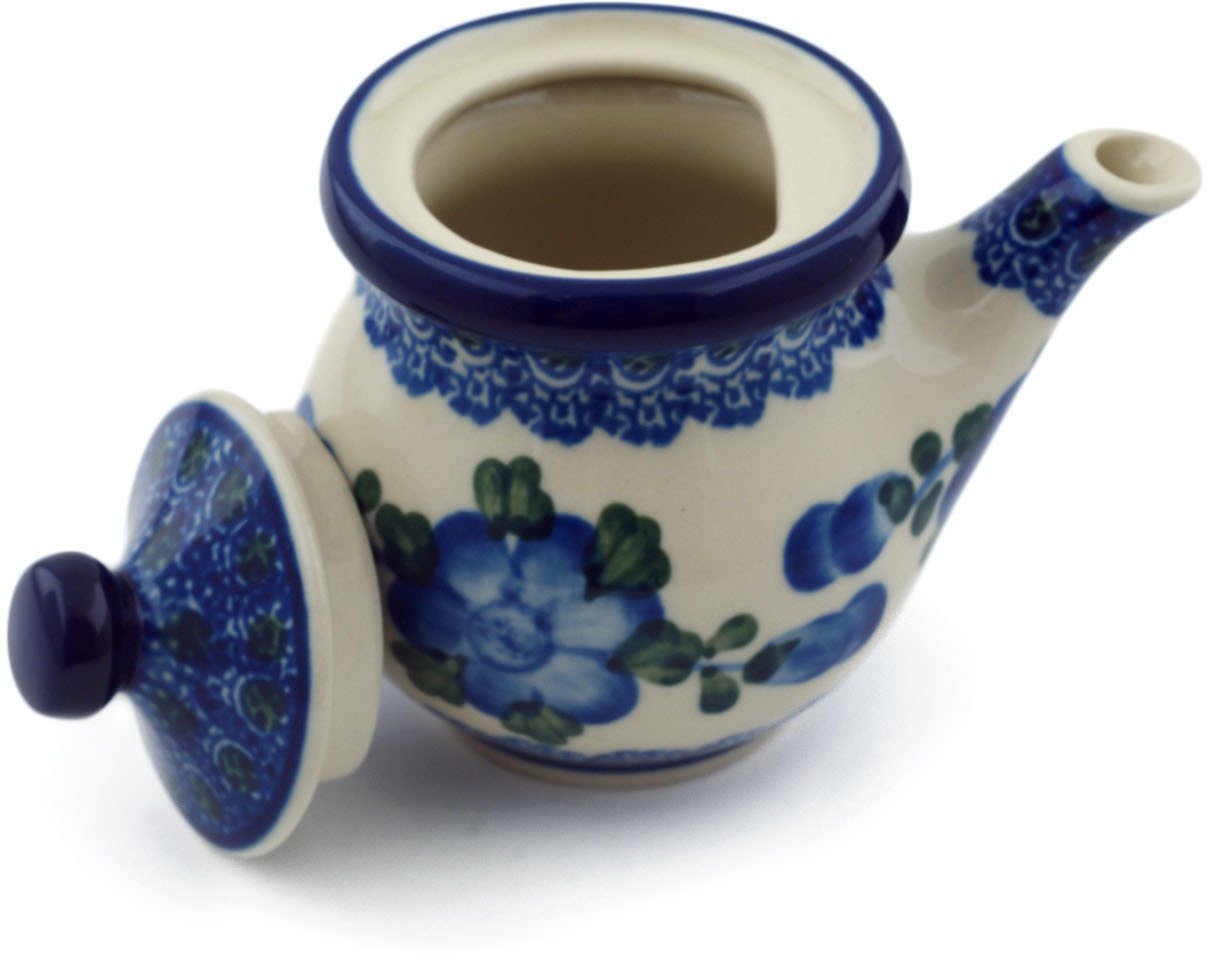 Polish Pottery 4 oz Creamer with Lid made by Ceramika Artystyczna (Blue Poppies Theme) + Certificate of Authenticity