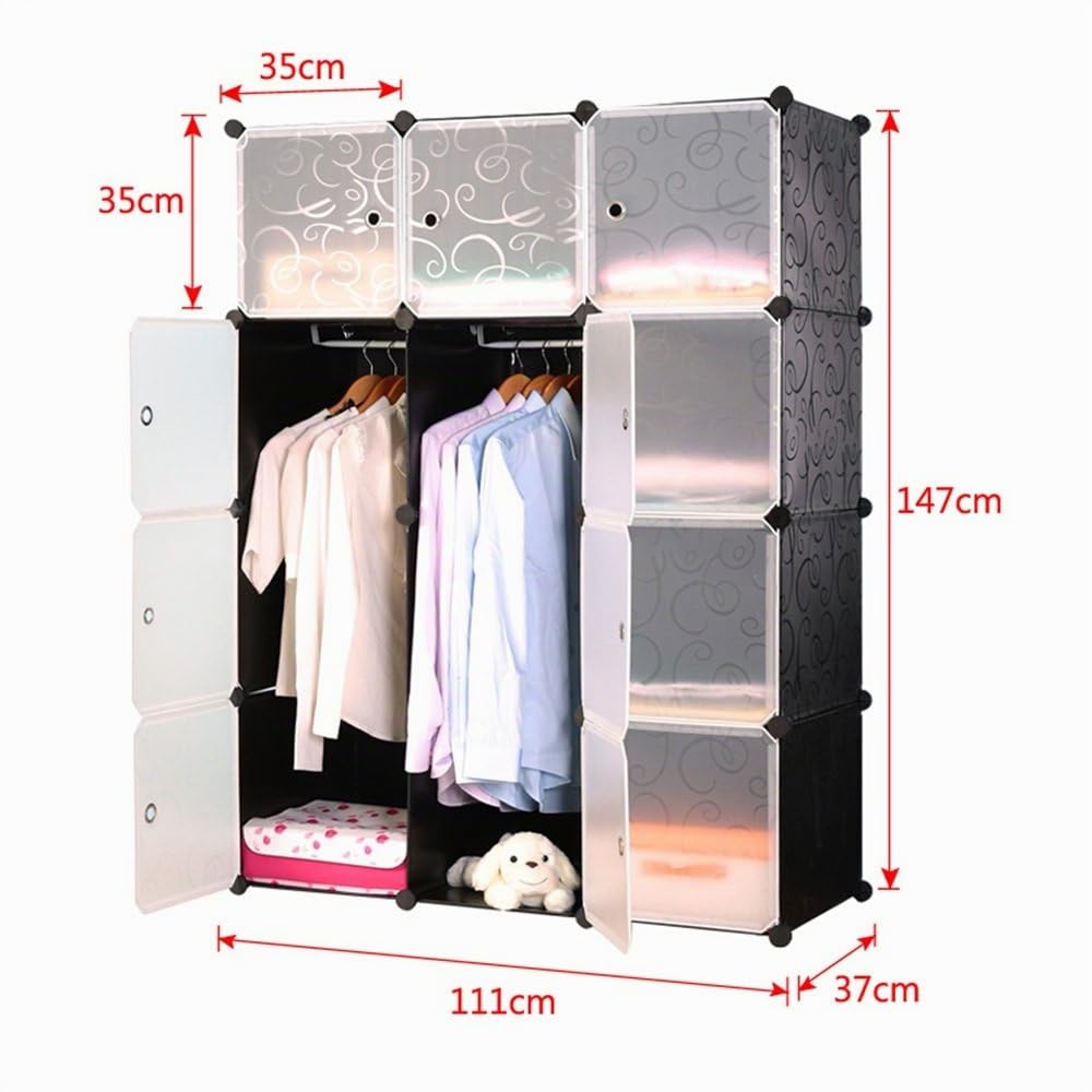 HENGMEI DIY Kleiderschrank Garderobenschrank Steckregalsystem Regalsystem 12 -Kubus Ordnungssystem Schuhschrank Kleiderschrank mit Tür (Schwarz)