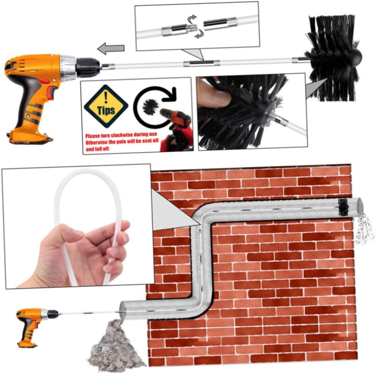 Alasum Fireplace Chimney Cleaning Brush Flexible 610mm Rods Vent Lint Sweeping Tool Dryer Duct Brush Kit for Stove and Air Duct Maintenance