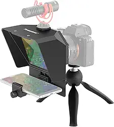 AMBITFUL Teleprompter de 7,5 polegadas com tripé de mesa para smartphone e câmera DSLR, clipe de telefone ajustável e anel de adaptação de câmera, para transmissão ao vivo, entrevistas
