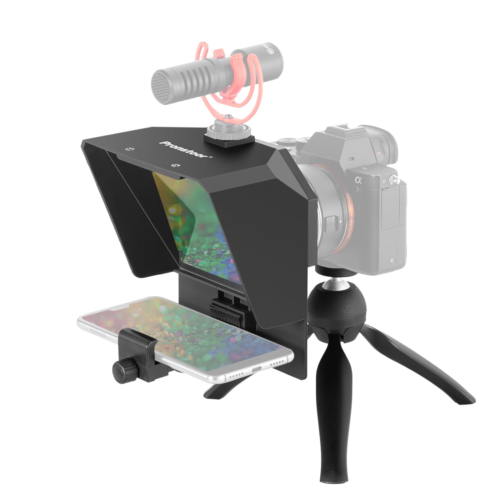 AMBITFUL Teleprompter 7.5'' with Tabletop Tripod for Smartphone and DSLR Camera, Adjustable Phone Clip & Camera Adapting Ring, for Live Streaming, Interviews(Mini Teleprompter Only)