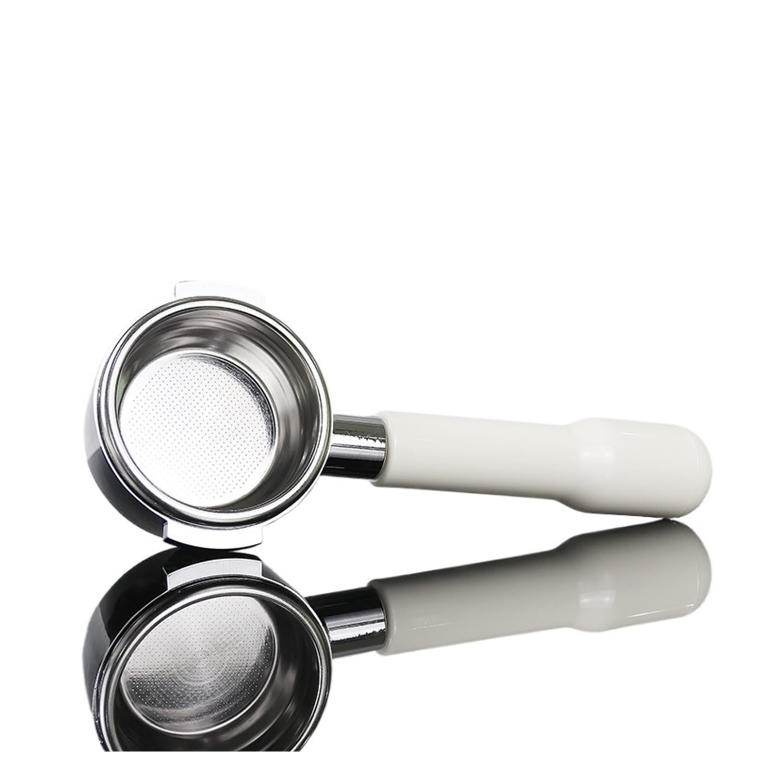 Portafiltro sin Fondo de Acero Inoxidable de 58 mm, portafiltro E61 con Mango Blanco, Compatible con Accesorios para máquinas de café Profesionales (58 mm).