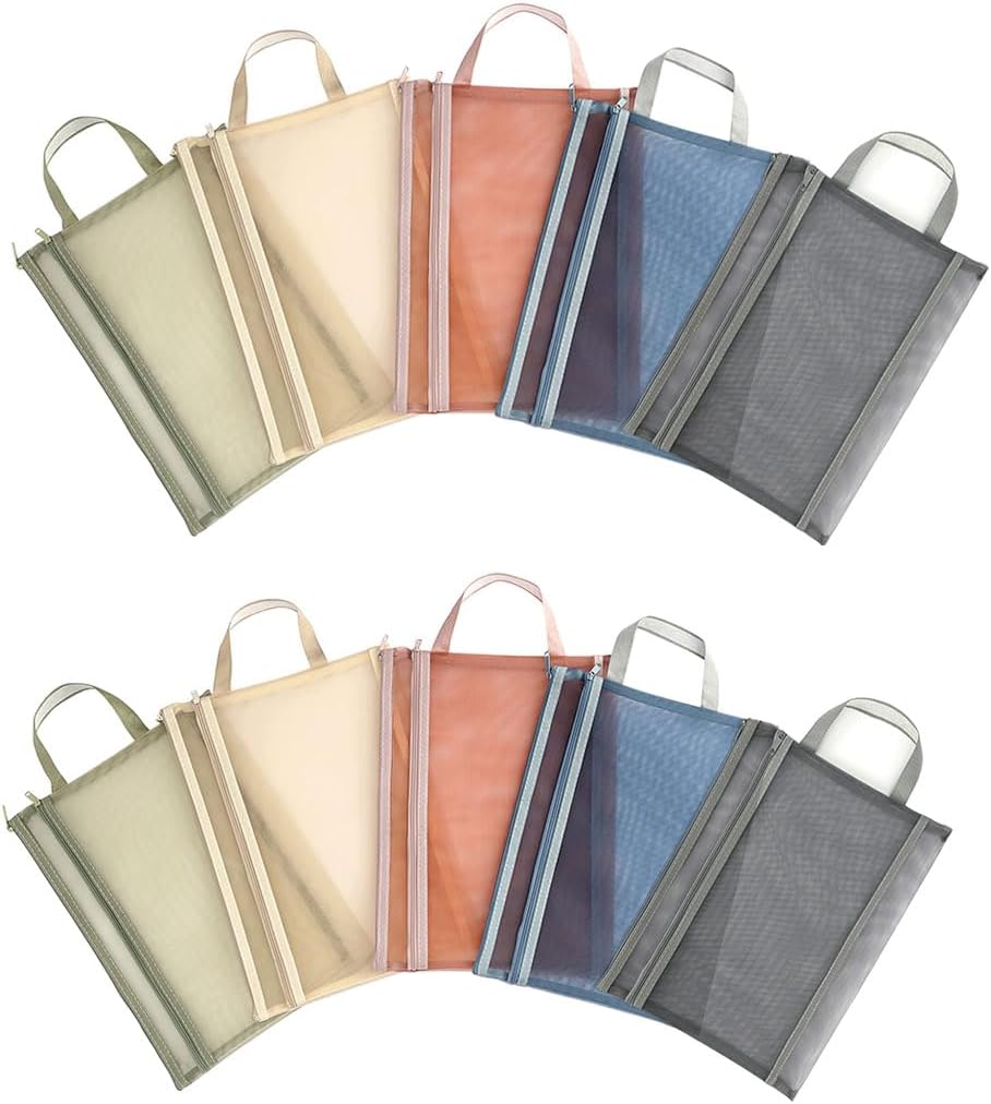 GraGraColored Mesh Zipper Pouch Bags,10 Pcs A4 Double-Layer Nylon Mesh Zipper Pouch Bags with 5 Colors, Nylon Mesh Document Bag for Files, Paper, Cosmetics, Toys, and More
