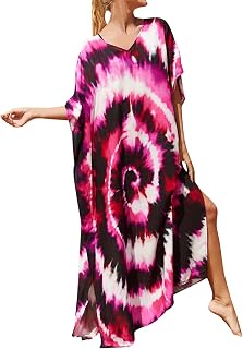 STKOOBQ 2023 Vestido feminino de algodão estampado solto grande blusa de praia biquíni camisa protetor solar vestido de banho vestido saída de praia (rosa choque, tamanho único)