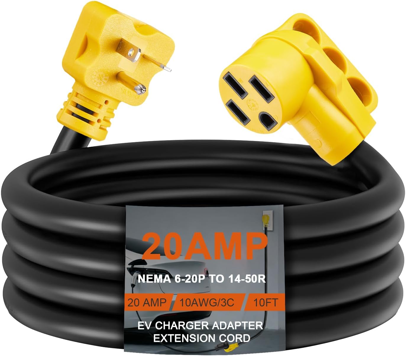 10ft NEMA 6-20P to 14-50R EV Charger Adapter Cord, 20 Amp 3 Prong Male to 50 Amp 4 Prong Female Adapter with Handle, Only for Tesla or EV Charging, SJTW 10 AWG/3C, ETL Listed