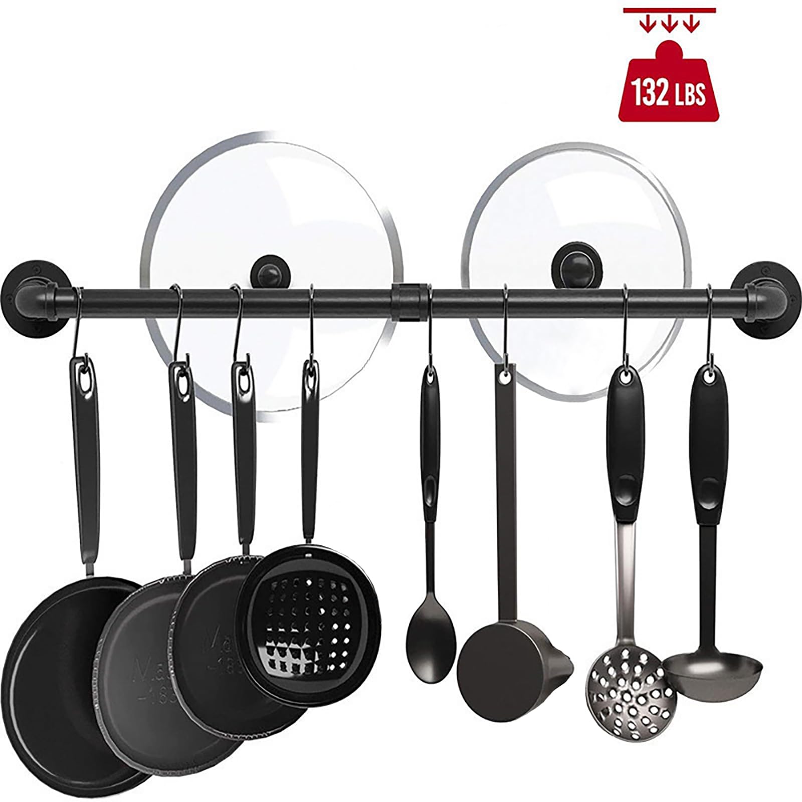 Estante de pared de 31 pulgadas, para utensilios industriales, colgador de pared, tubo de hierro, riel colgante de cocina con 8 ganchos en S para colgar sartenes, utensilios, utensilios de 2