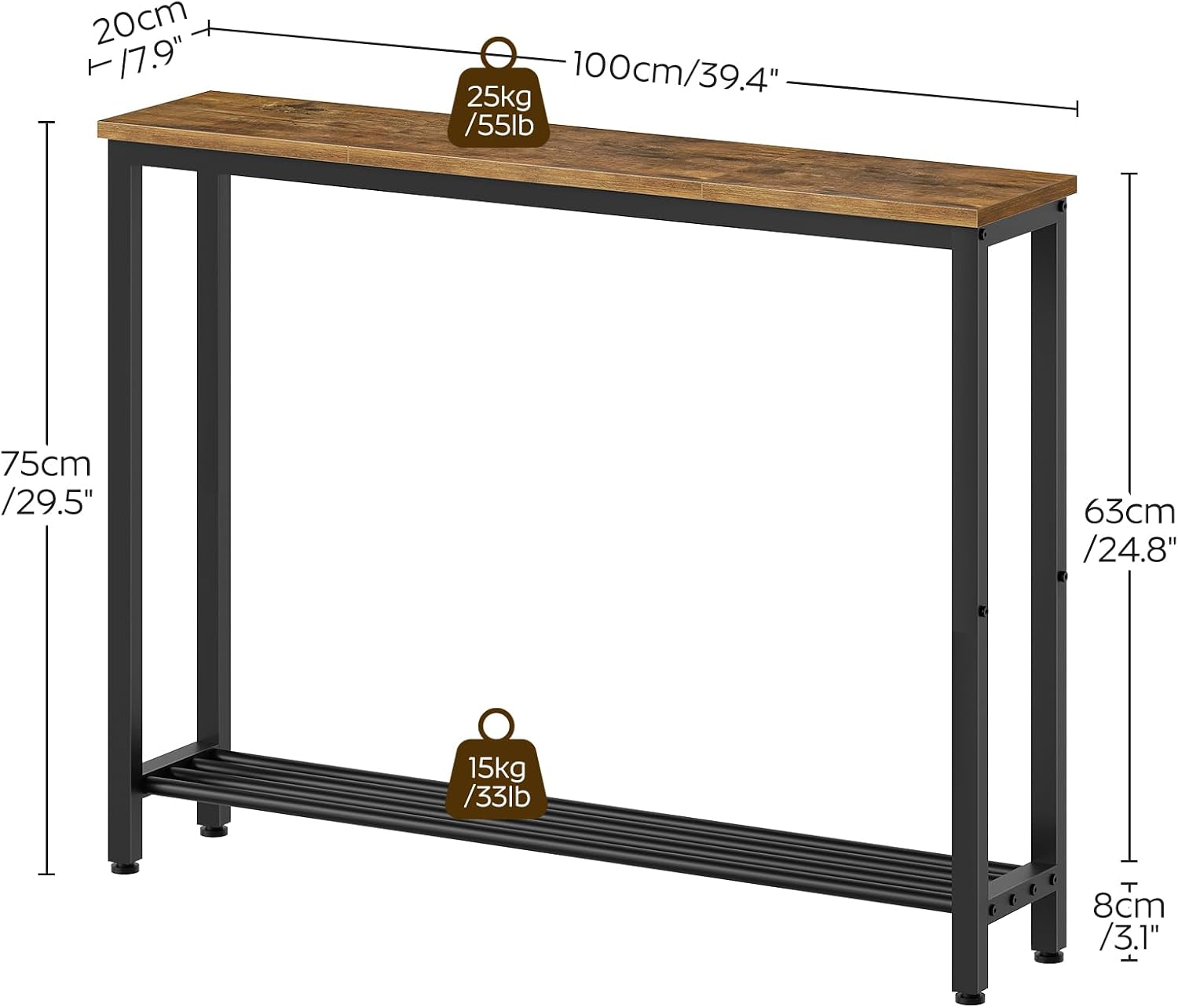 YATINEY Narrow Console Table, 2-Tier Small Sofa Table, 39.4" Thin Entryway Behind Couch Table with Shelves, Industrial Hallway Table, for Living Room, Foyer, Rustic Brown and Black CT25BR