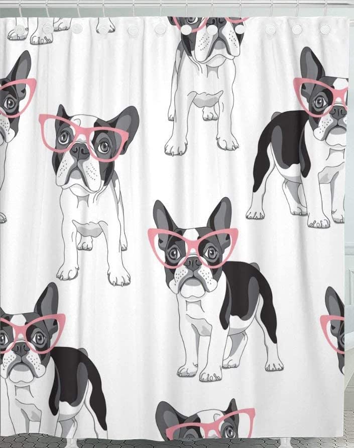 Design Shower Curtain Pattern Cartoon French Bulldog in Pink Glasses on Frenchie Waterproof Cloth Fabric Bathroom Decor Setwith Hooks 72Wx79H inch