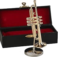 Vista 4 de Trompeta en miniatura con soporte y estuche, mini instrumento musical de latón, réplica de trompeta, figuras coleccionables, accesorios de casa