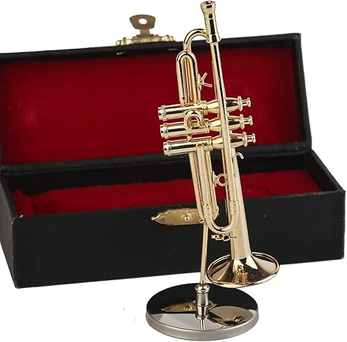 Vista 9 de Trompeta en miniatura con soporte y estuche, mini instrumento musical de latón, réplica de trompeta, figuras coleccionables, accesorios de casa
