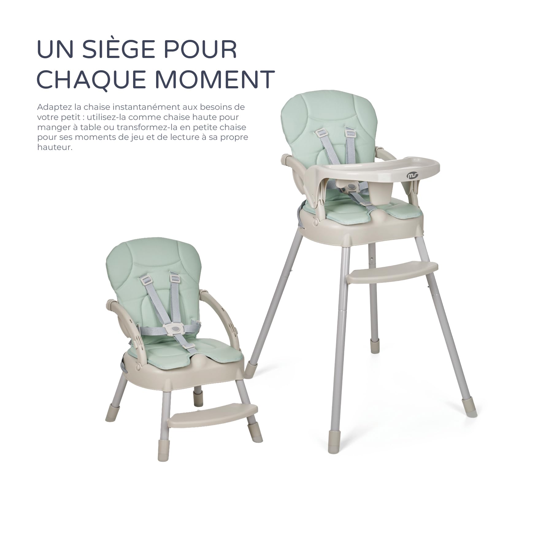 MS BabyWorld - Chaise haute BELLY pour bébé | Convertible en rehausseur et en chaise | 3 en 1 | Chaise haute pliable avec siège rembourré et repose-pieds (Belly Vert)