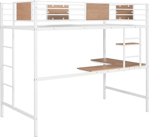 Miniatura 6 de Harper & Bright Designs Cama alta individual con escritorio, marco de cama de metal con estante de almacenamiento (tamaño individual, blanco)