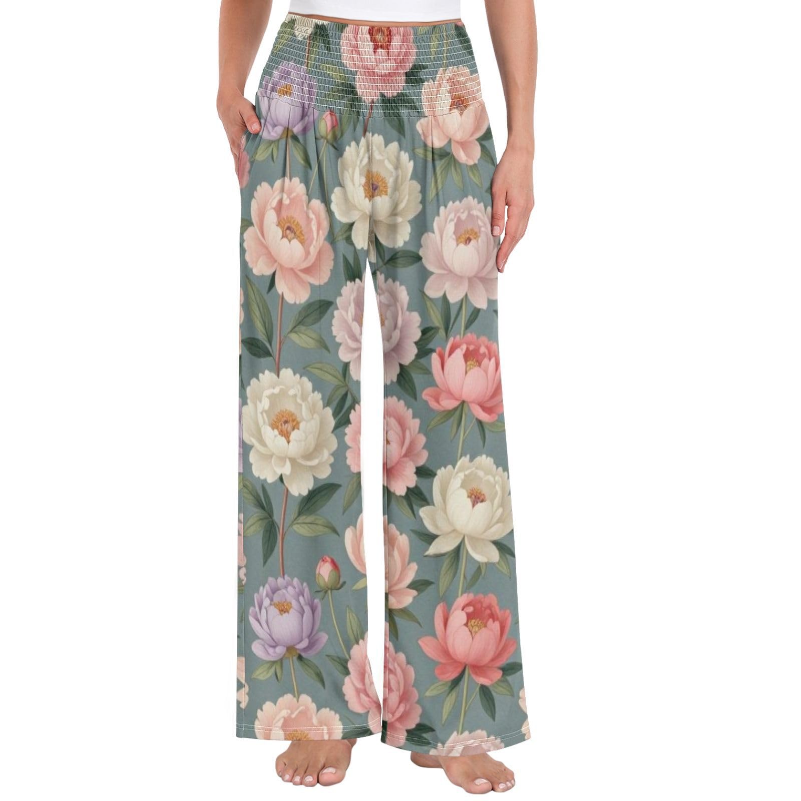 Pantalones palazzos vintage de peonía para mujer, resistentes a las arrugas, casuales, para viajes