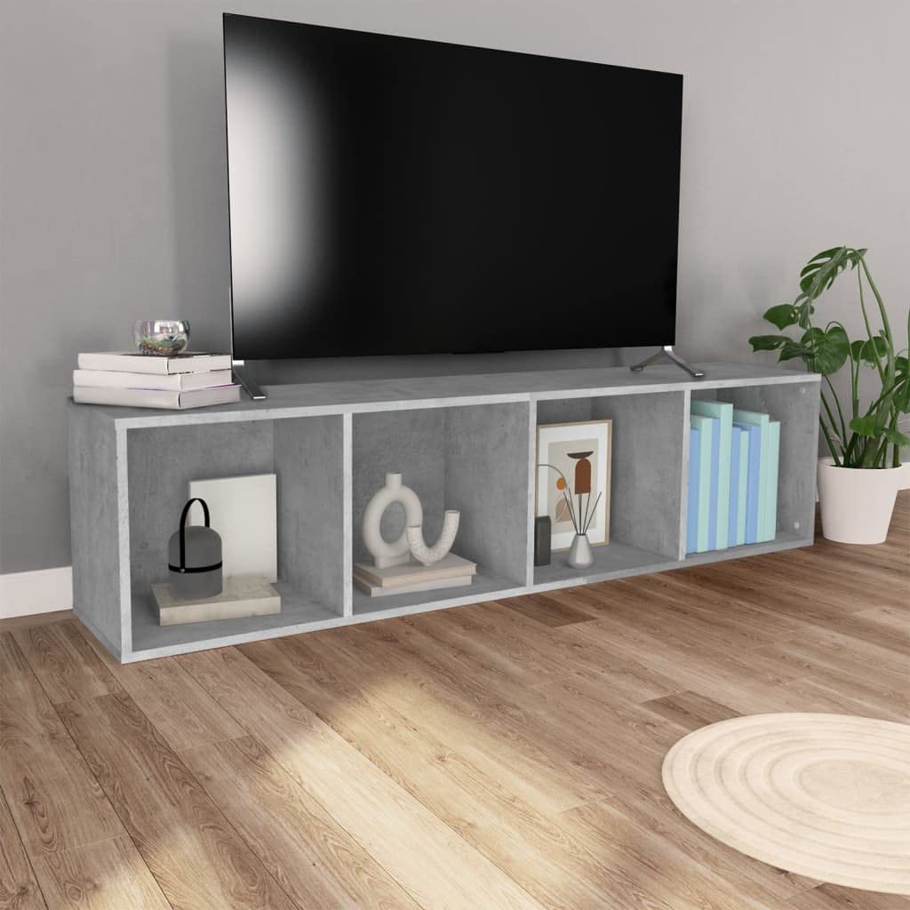 Bibliothek mit 4 Fächern, Betongrau, 36 x 30 x 143 cm, Holz | Horizontale Verwendung als TV-Schrank, einfach zu montieren, Reinigung mit feuchtem Tuch, vielseitig im Wohnzimmer