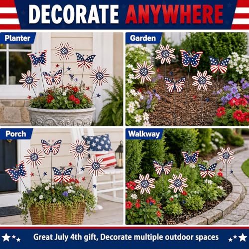 Image of 6Pack 4th of July Decorations Outdoor, 18.6Inch Patriotic Metal Flowers Butterfly Decorative Garden Stakes for Independence Day, Americana Patriotic Yard Signs Decor for Garden Lawn Porch
