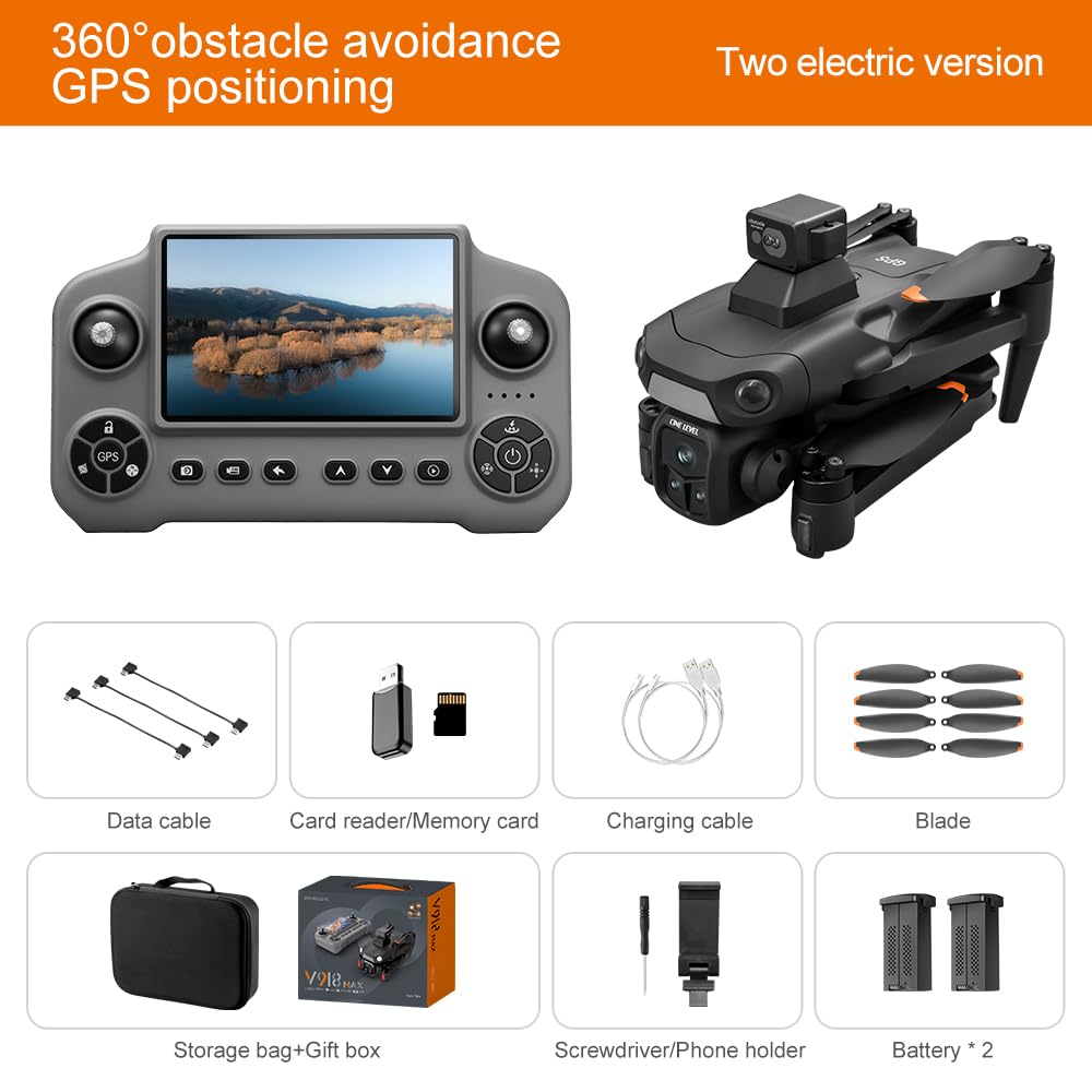 Drone GPS con fotocamera 2K HD, telecomando display 5,1", quadricottero FPV pieghevole per principianti, posizionamento ottico, ritorno con un tasto, evitazione ostacoli, 2 batterie, scheda SD