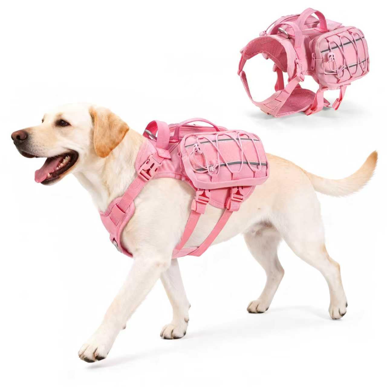 AOKOWN Dog Hiking Backpack for Large Dogs, Dog Pack Tactical Harness, Adjustable Saddlebags with Handle Trim for Hiking Walking Training L Pink