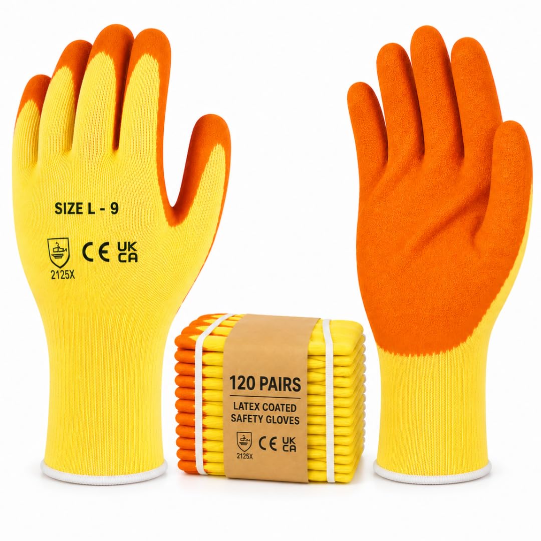 Ruiyang 120 Pairs Men’s Orange Latex-Coated Safety Gloves (Large) – Grip Work Gloves for Building, Gardening, Maintenance & General Handling (120 Pairs Gloves, L)