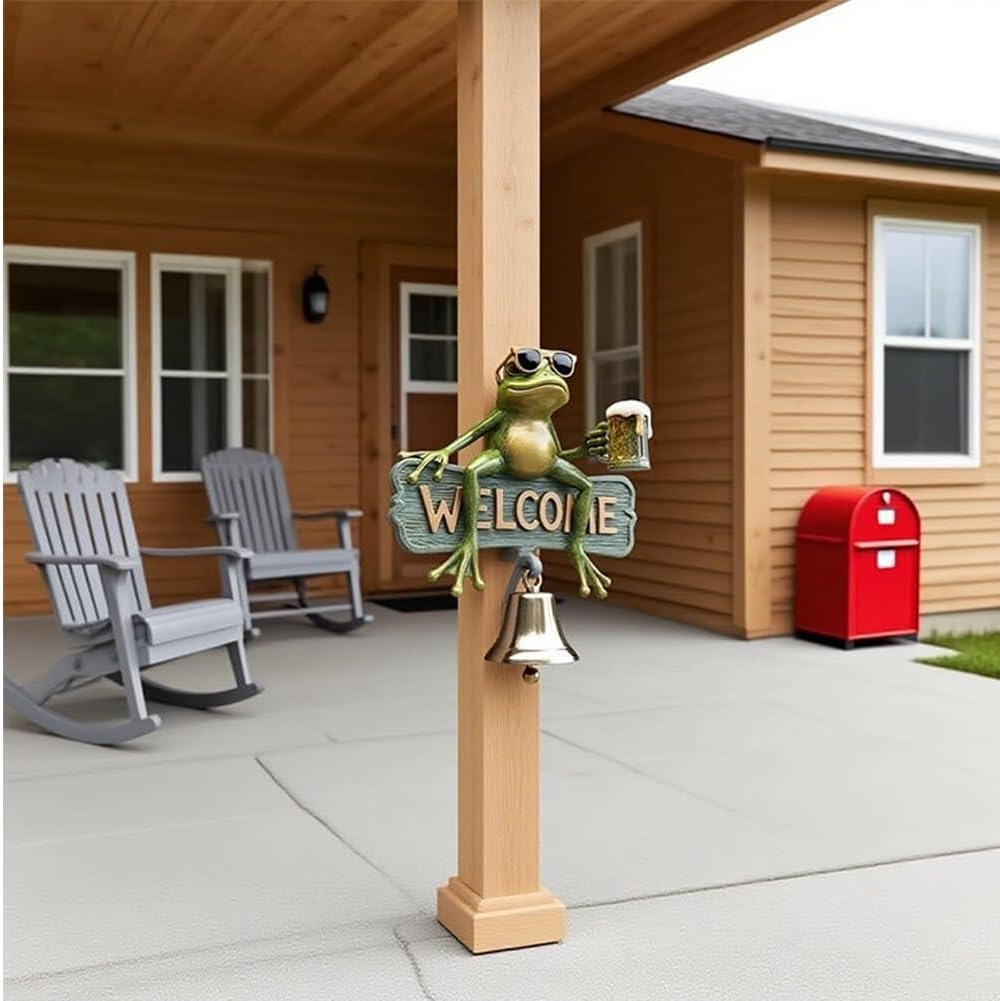 Chill Frog Welcome Doorbell - Beer-Drinking Utterly Shades - Wearing Hilarious Frog Doorbell, Upgrade Hand-Painted Resin Decorative Door Chime for Porch, Garden Gate, Halloween