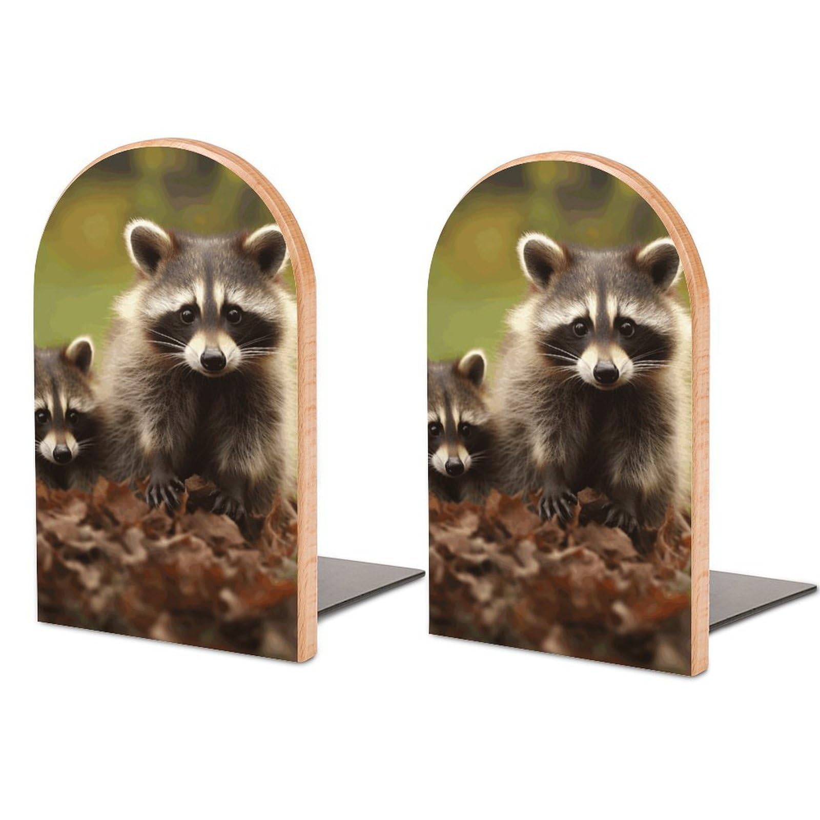 Beech Wood Book Ends Raccoon Printed Bookend for Shelves Home Decorative Bookends for Heavy Books for Office Bookshelves