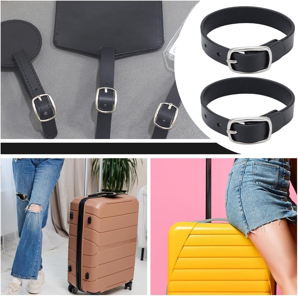 Image of PU Leather Luggage Tag Straps with Metal Buckle - Adjustable Faux Leather Loops for Suitcase and Travel, 8x1 /2 Inch Black Luggage Belt Replacements - Kilt Extender Buckle Straps for Women's Kilts