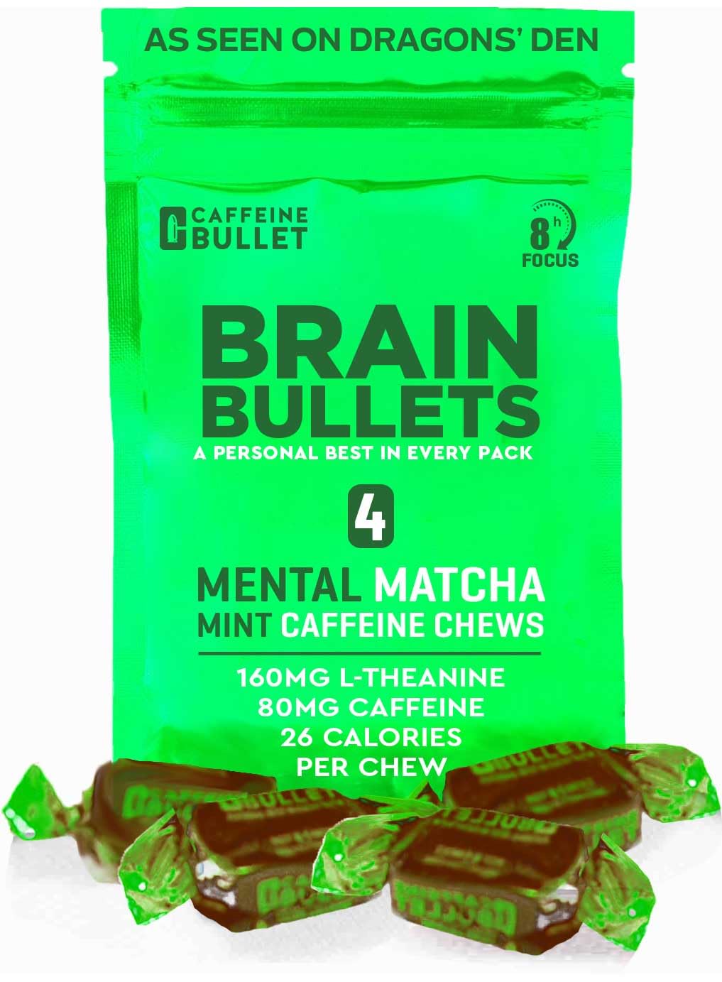 Old Recipe | 80mg Caffeine & 160mg L-Theanine Focus Enhancing Energy Chews β Neuroscience Backed Nootropic Stack, Mental Acuity & Cognitive Support | Mint Matcha Flavor Brain Bullet, 1 Pack
