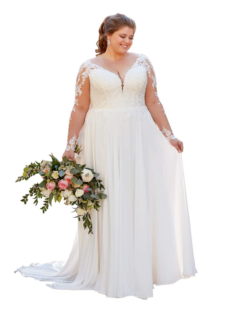 Robe de mariée en mousseline de soie pour femme - Grande taille - Manches longues