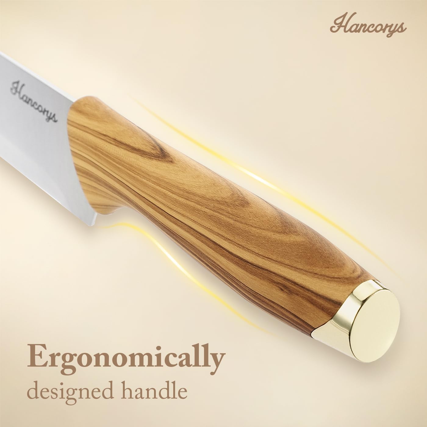 Knife Block Set, Kitchen Knife Set with Sharpener, German Stainless Steel Gold Knives Set with Block and Ergonomic Wood Grain Handle, Ultra Sharp Cooking Knives