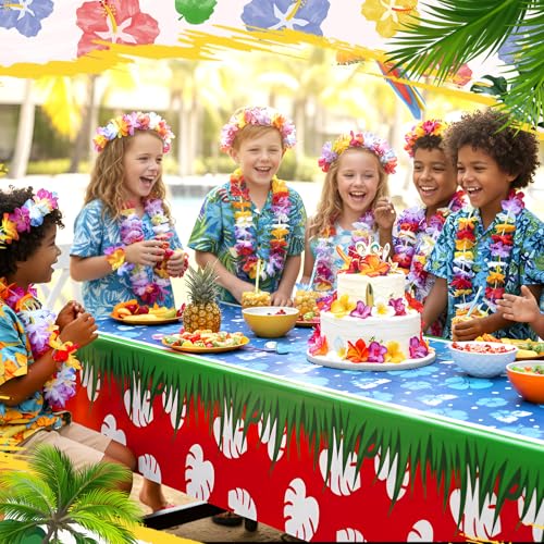 Image of Oudain 3 Sheets Hawaii Hibiscus and Tropical Leaves Tablecloth Birthday Party Decorations Blue Alien Cartoon Table Covers for Birthday Party Supplies