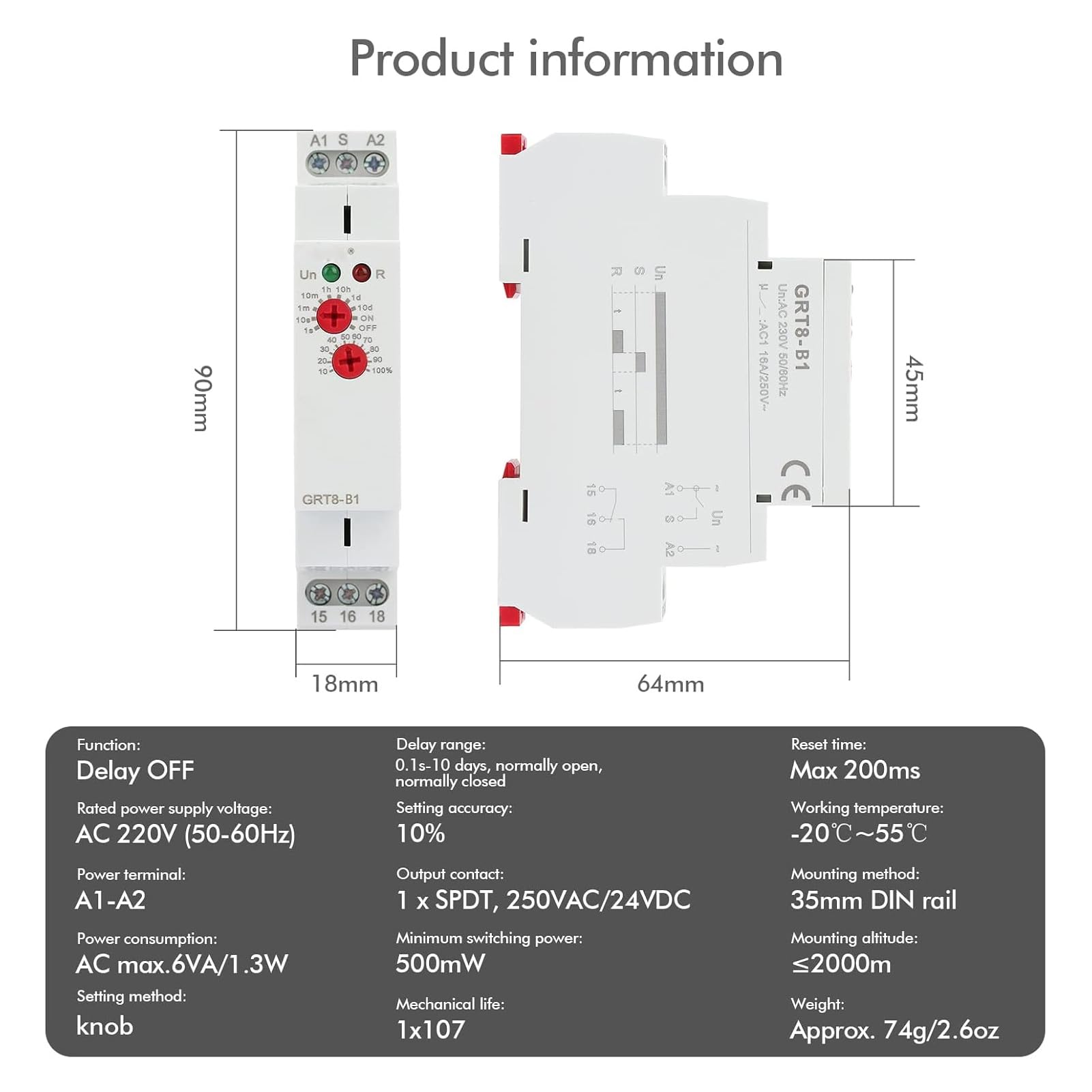 Relais Temporisé 12v GRT8-B1 Relais de Temporisation avec fonction unique Retarder Mise Hors Tension avec 10 Modes Retard 0,1 à 10 Jours Guida DIN 35mm(AC/DC 12V-240V)