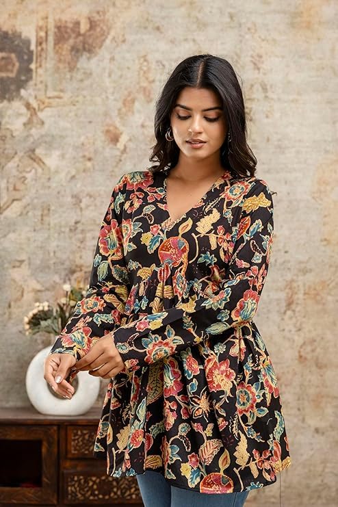 Image of LABEL ADRIJA Cotton V Neck Anarkali Short Kurti for Women Full Sleeve Floral Print | Short Kurtis for Women on Jeans