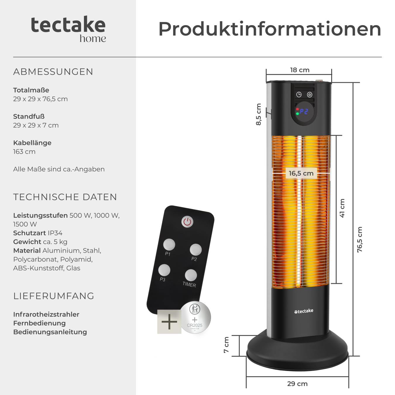 tectake® infrarot Heizstrahler mit Kippschutz und Timer für Innen und Outdoor, Heizlüfter elektrisch für Bad, Infrarotheizung Terrasse, elektro Wärmestrahler Camping, Infrarotstrahler, 1500W