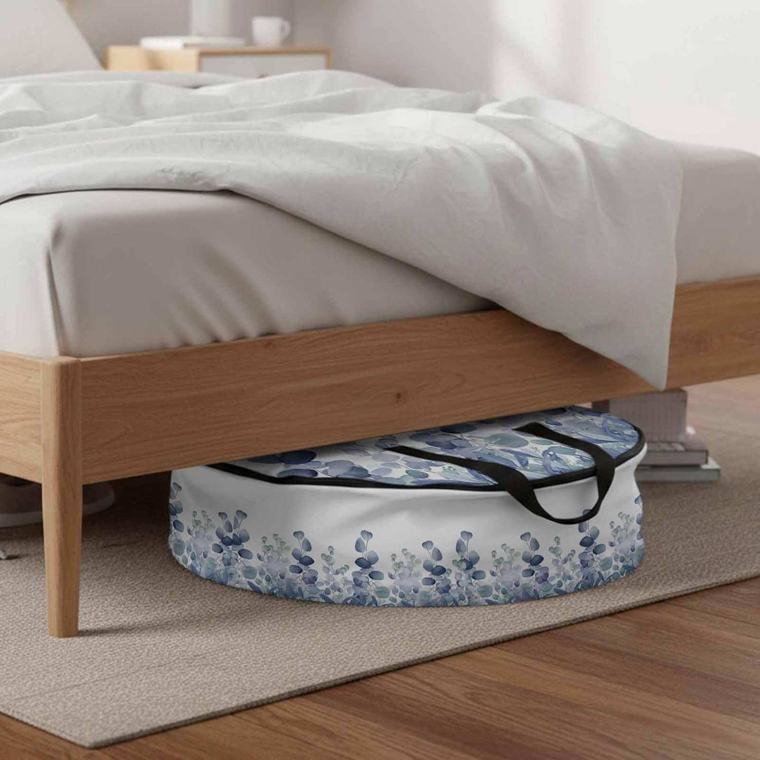 Spring Summer Round Storage Bag 36 Inch, Watercolor Blue Eucalyptus Leaves Clothes Storage Container with Handles Heavy Duty Organizer for Comforter, Bedding & Holiday Wreaths