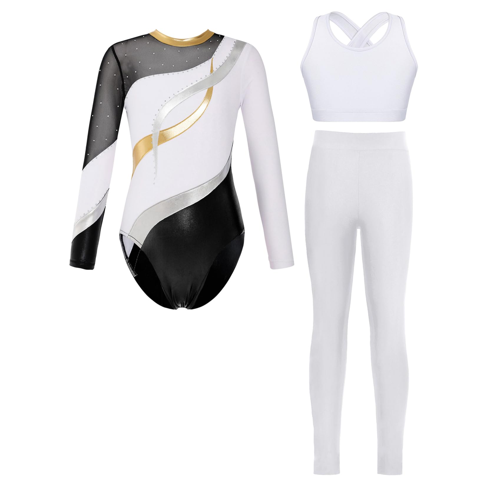 Filles Justaucorps Gymnastique Artistique 3 Pièces Maillots de Danse Classique Avec Crop Top Et Leggings Sportifs Leotard Combinaison Dentraînement Pour Le Yoga