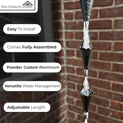 Miniatura 2 de Rain Chains by JASINC Copas de hojas de 8.5 pies con recubrimiento en polvo negro, para reemplazar la canaleta de techo, con kit de instalación,