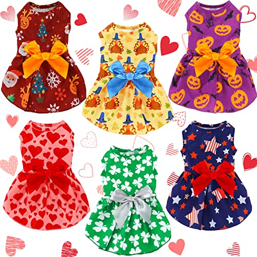 6 Pieces Holiday Dog Dress for Small Dogs Valentine's Day Pet Dresses St. Patrick's Day Skirts Dog Bowknot Dresses Puppy Festival Skirts Cute Pet Apparel Boy Girl Clothes for Dogs Cats Pet (S)
