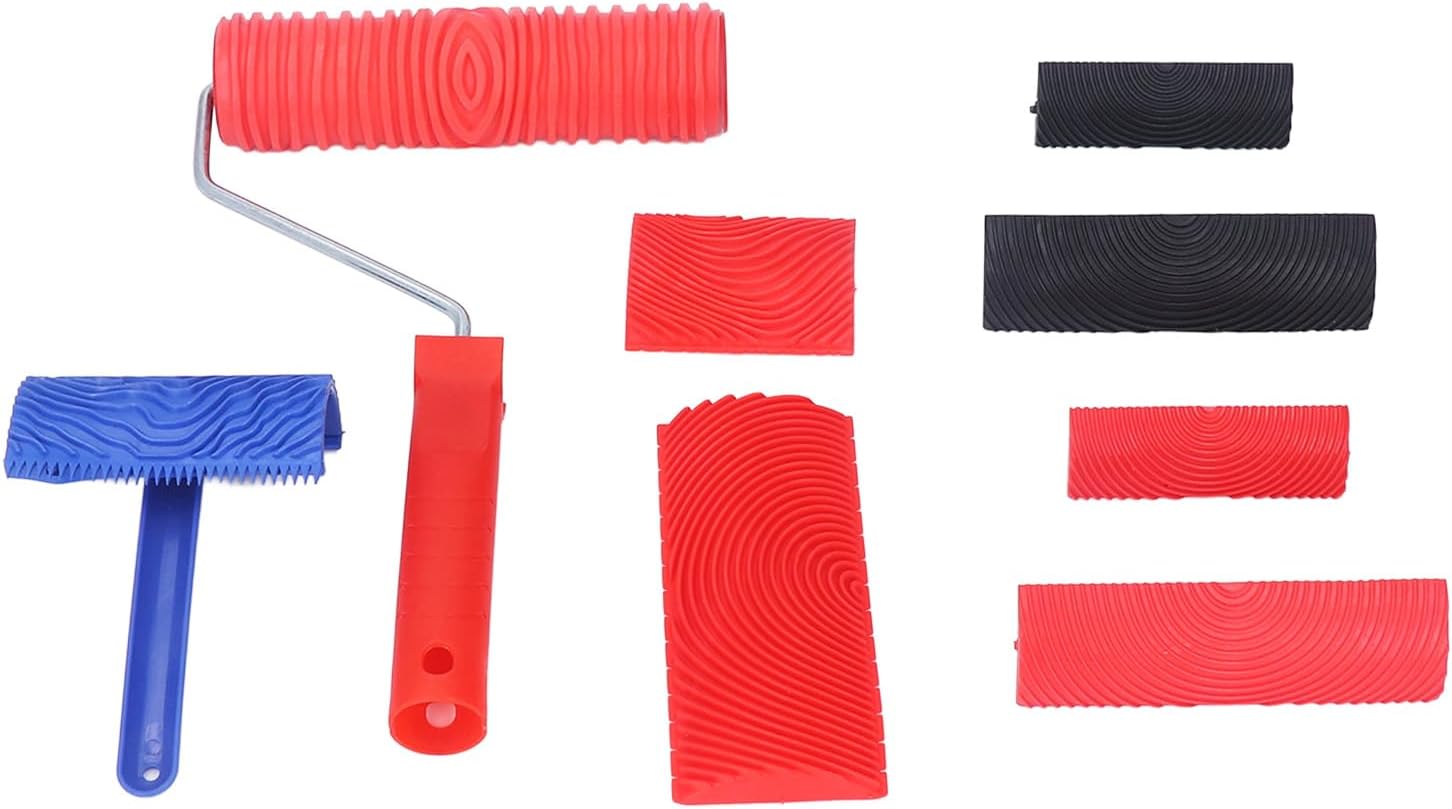 Rubber Wood Pattern Roller Tool Kit | 9 Templates for DIY Walls/Floors/Furniture | Handheld Texture Design Roller for Decoration Painting