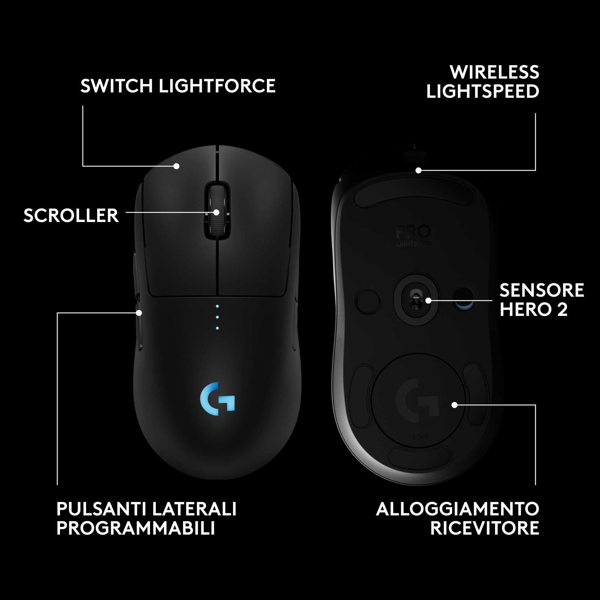 Logitech G PRO 2 LIGHTSPEED Mouse da gioco senza fili, East Europe Pachage, fino a 4 pulsanti laterali magnetici personalizzabili e commutabili, ricarica USB-C, sensore da 32k DPI per PC/Mac