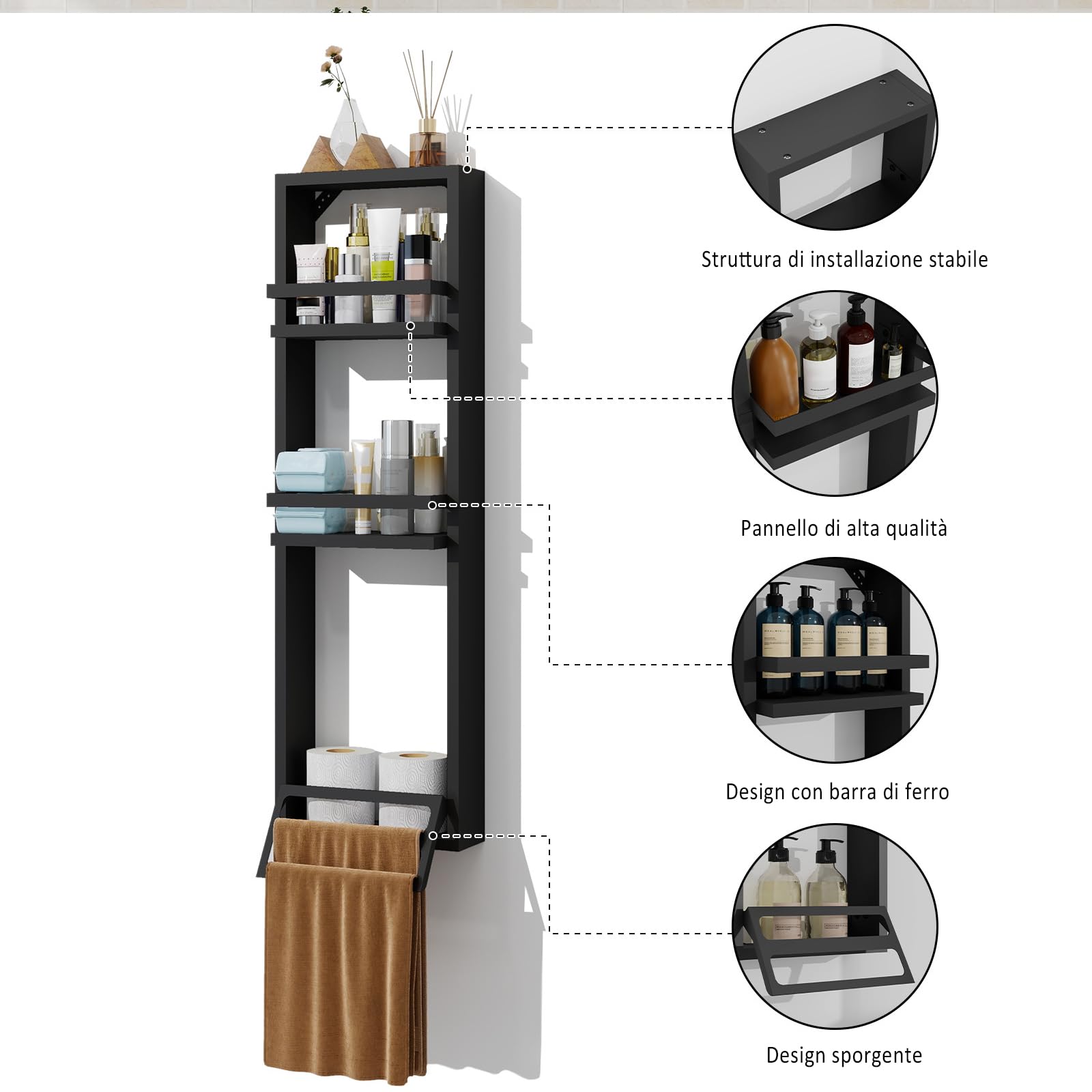 YU YUSING Set di Mobili da Bagno con Lavabo, Specchio, Portasciugamani, Arredo Bagno Completo, Mobile Lavandino Bagni da 71cm, Mensola Doccia 3 Ripiani, 2 Ripiani Muro, Set Rubinetti, Bianco