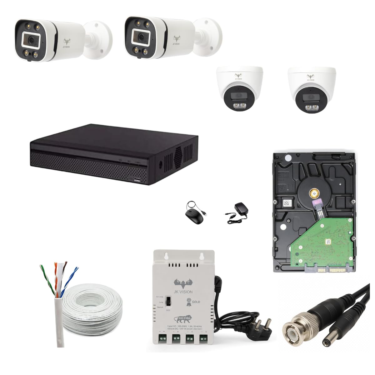 JK Vision 2.4MP ColorVu CCTV Camera System for Home, Office, School (2 Bullet, 2 Dome, 1TB Hard Disk, 4 Channel Power Supply, DVR, 90Mtr Cable, BNC/DC)-picture-34
