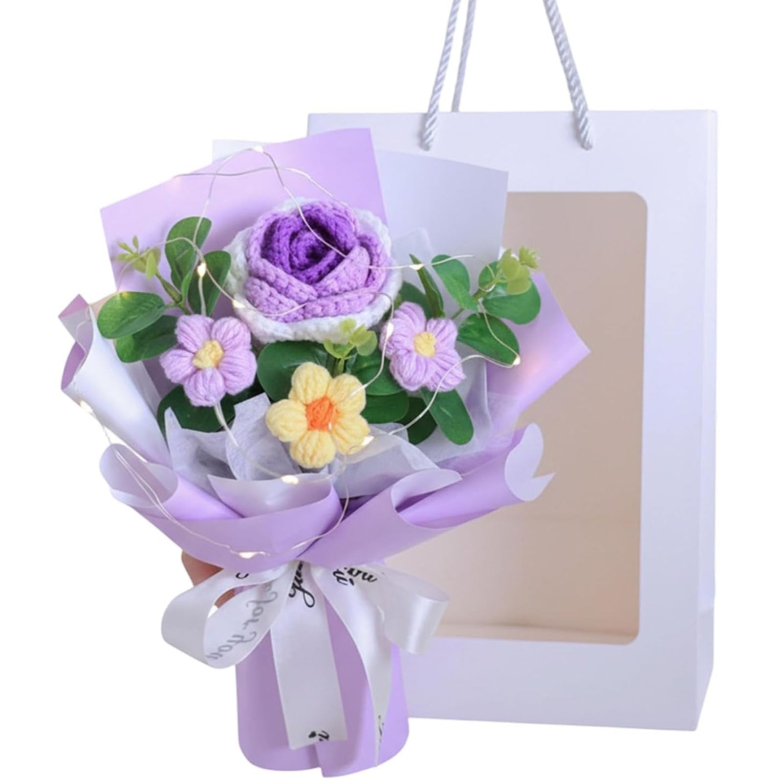 2Pcs Crochet Flower Bouquet, Handmade Knitted Roses Bouquet, Versatile Home Decor Piece, Gift Bag Included, Artificial Crochet Flowers for Girls, Women, Moms, Teachers, and Loved Ones (Purple)