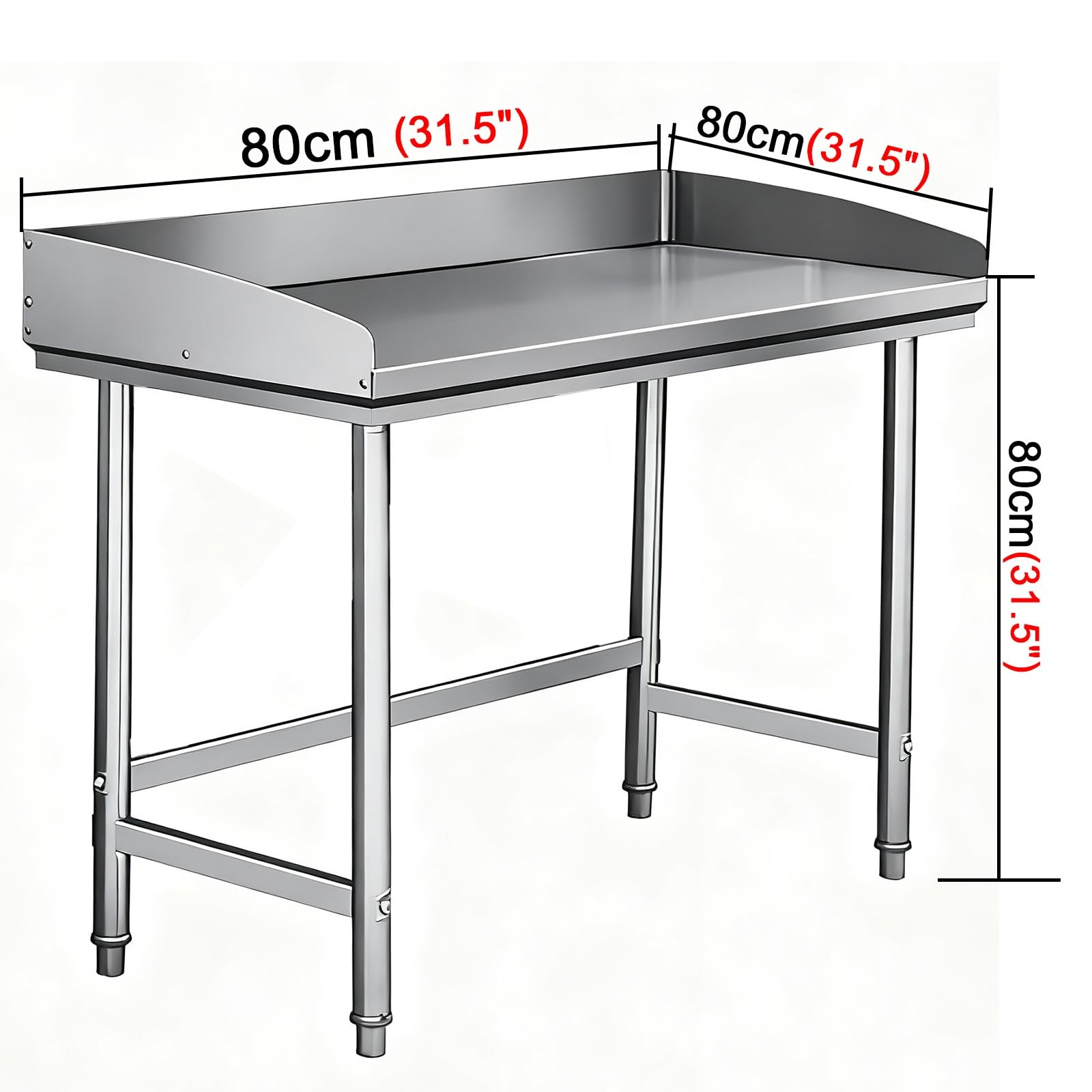 Table INOX avec Design de Clôture sur 3 Côtés pour Cuisines Tables Travail Structure Triangulaire Renforcée Commerciale Pieds Réglables et Colonnes Épaissies