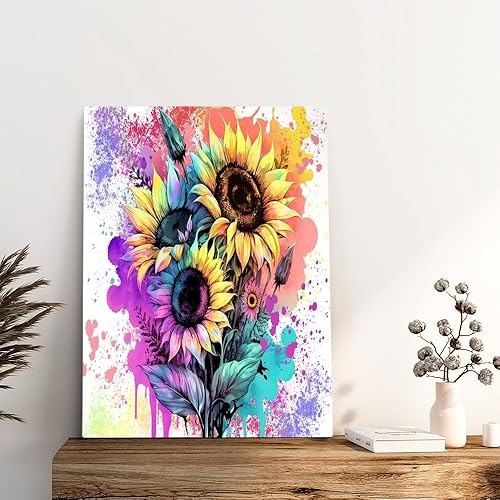 Miniatura 2 de GUBIYU Decoración de baño, lienzo de girasol, arte para pared, acuarela, mariposa, flores, pintura floral, amarillo, rosa, morado, verde azulado,